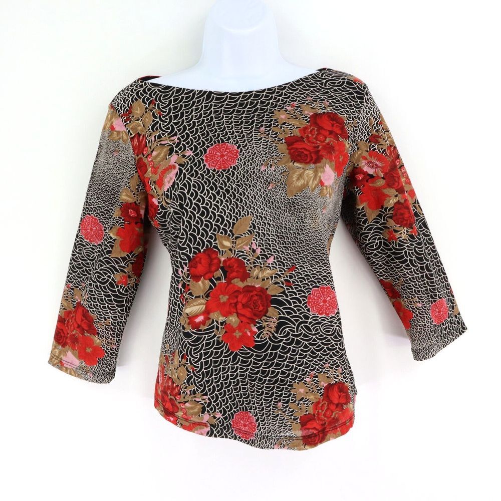 AGB Byer California Blouse Shirt Womens Size S Black Floral 3/4 Sleeves Stretch